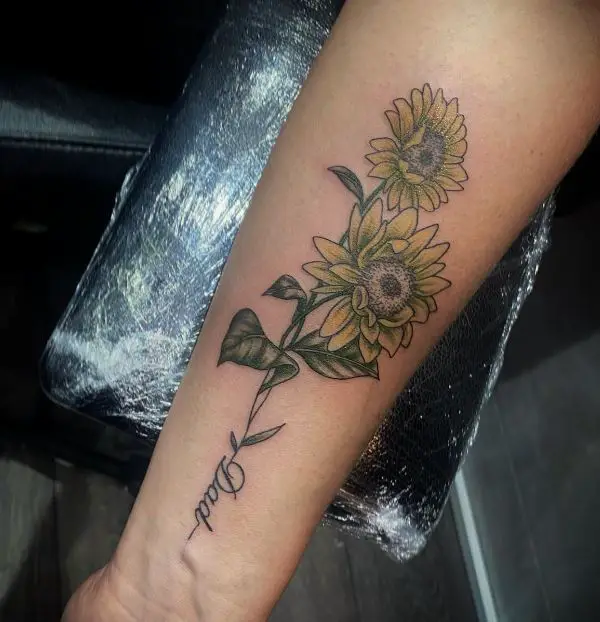 coloured sunflower tattoo with Dad wording
