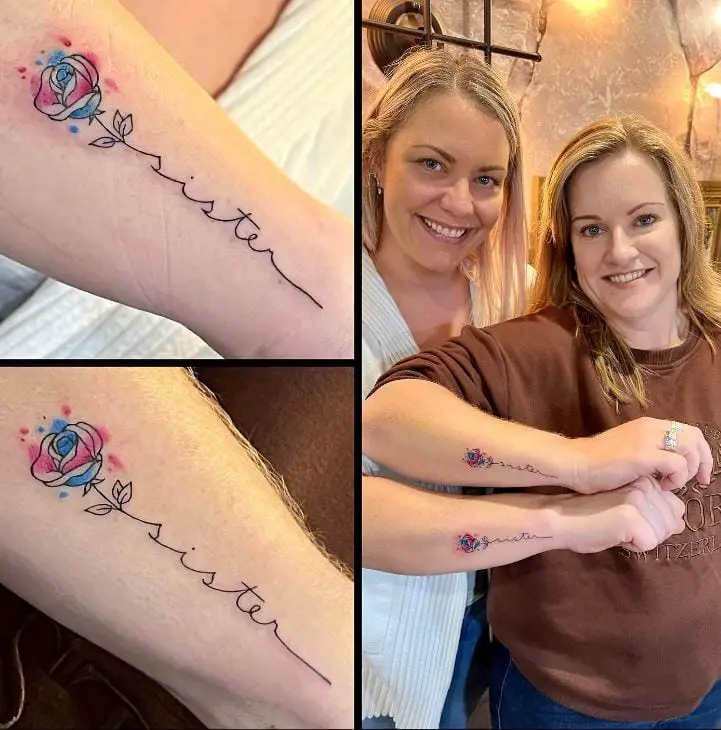 colourful sisters tattoo with a rose