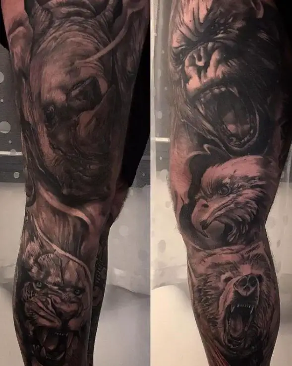 complex animal tattoo on the leg