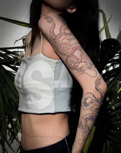 creative dragon tattoo with red and blue colours