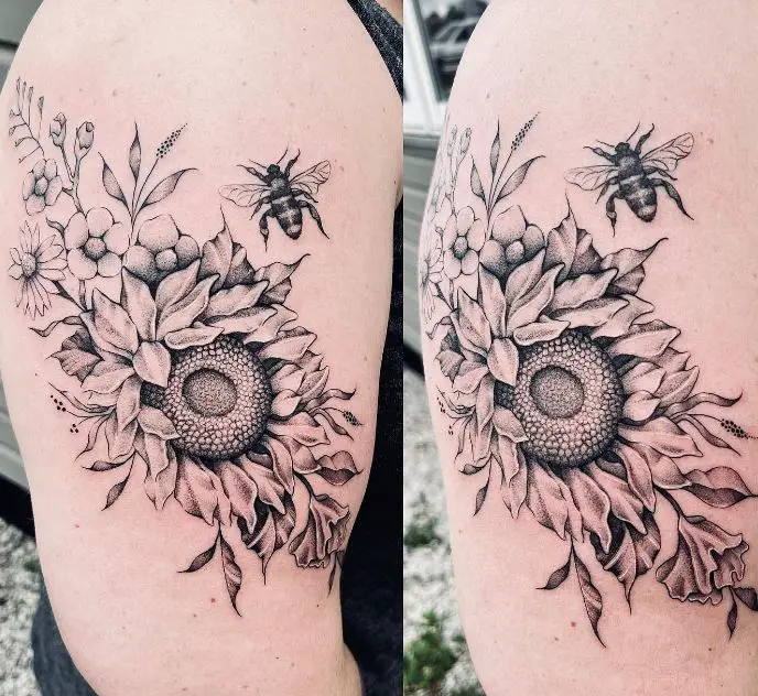 flowers and bee tattoo