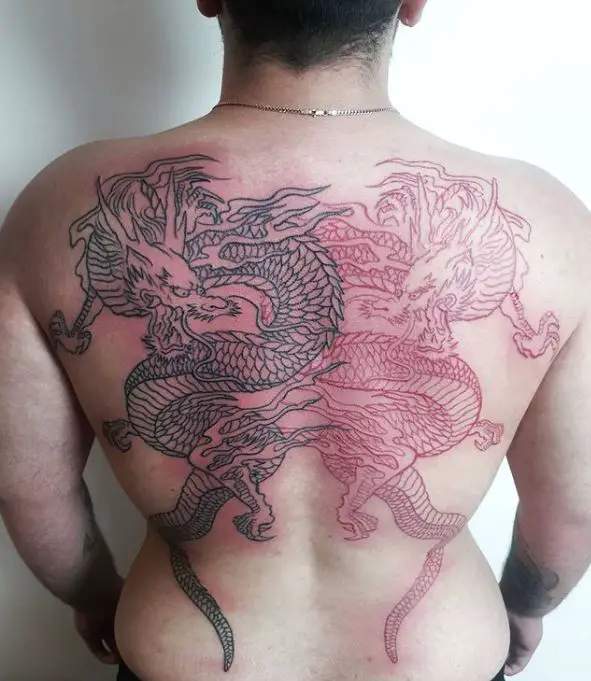 full back tattoo with Two Japanese dragons