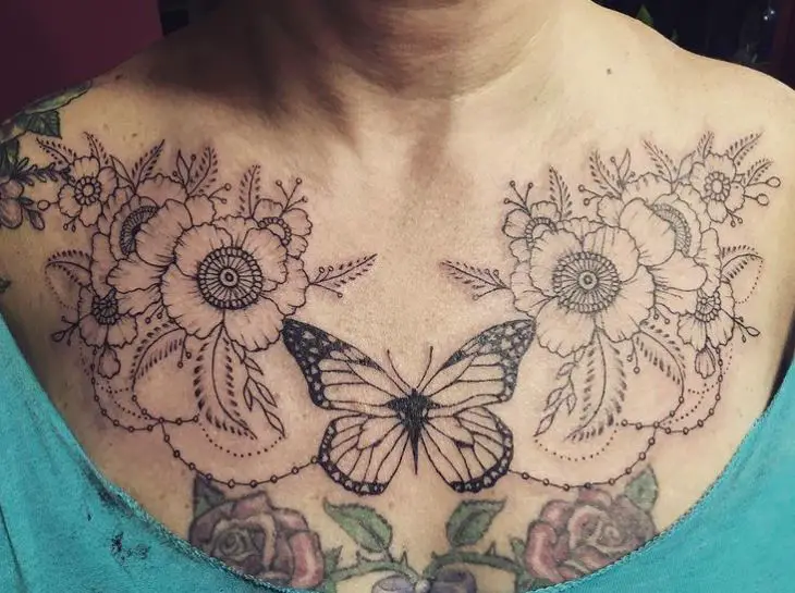 full chest butterfly and flowers tattoo