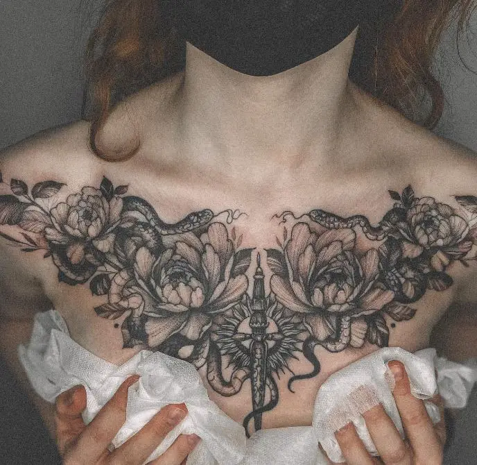 full chest snake tattoo with flowers
