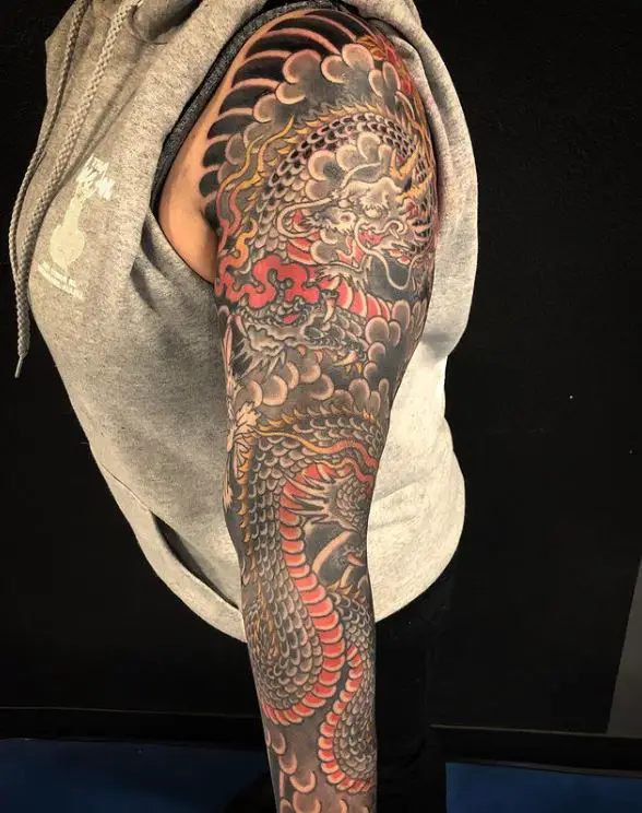 full sleeve coloured dragon tattoo