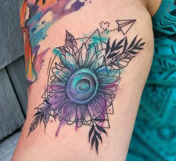 geometric watercolour sunflower tattoo