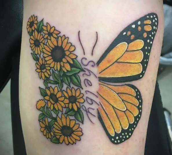 half sunflower half butterfly tattoo in colour