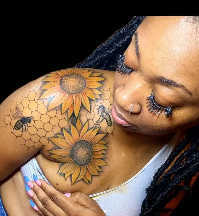 honeycomb tattoo with sunflowers