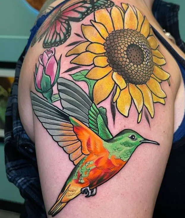 humming bird and sunflower tattoo