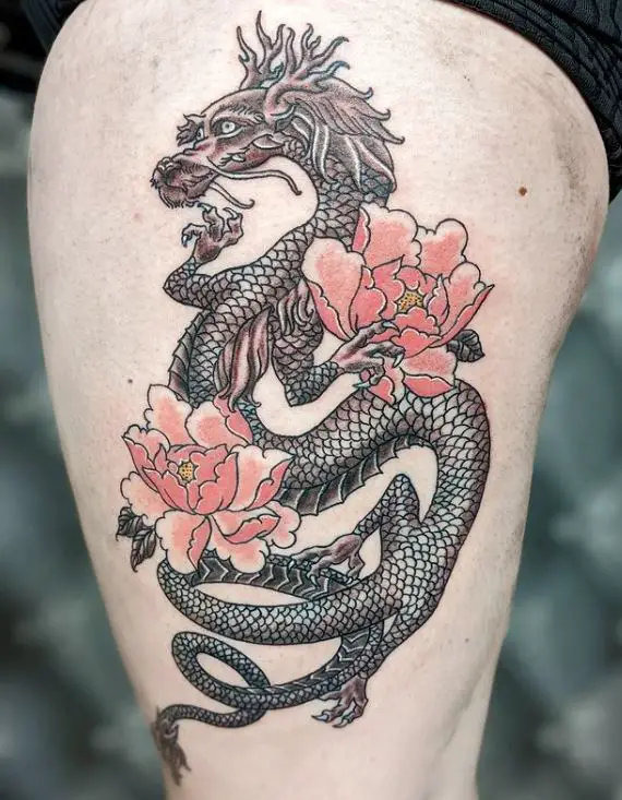 japanese dragon tattoo with flowers