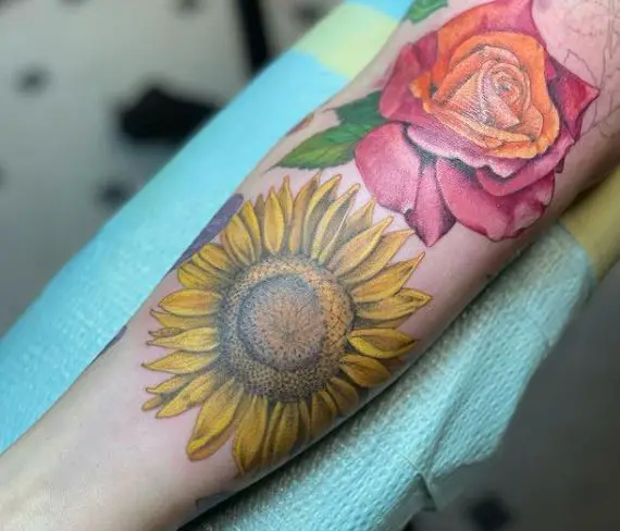 large sunflower, and rose tattoo in colour