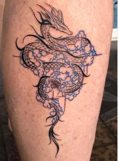 line work dragon tattoo on the calf