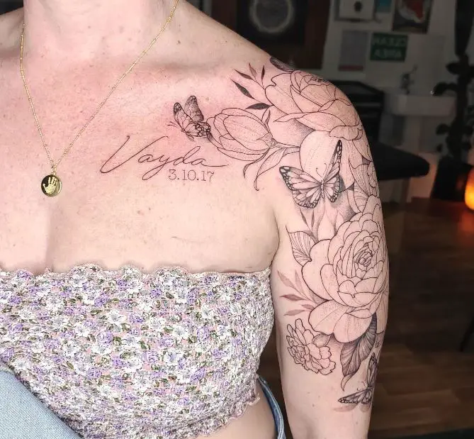 memorial tattoo with name, date and birth flowers