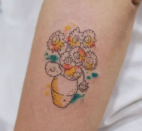minimalistic sunflower vase tattoo with a splash of colour