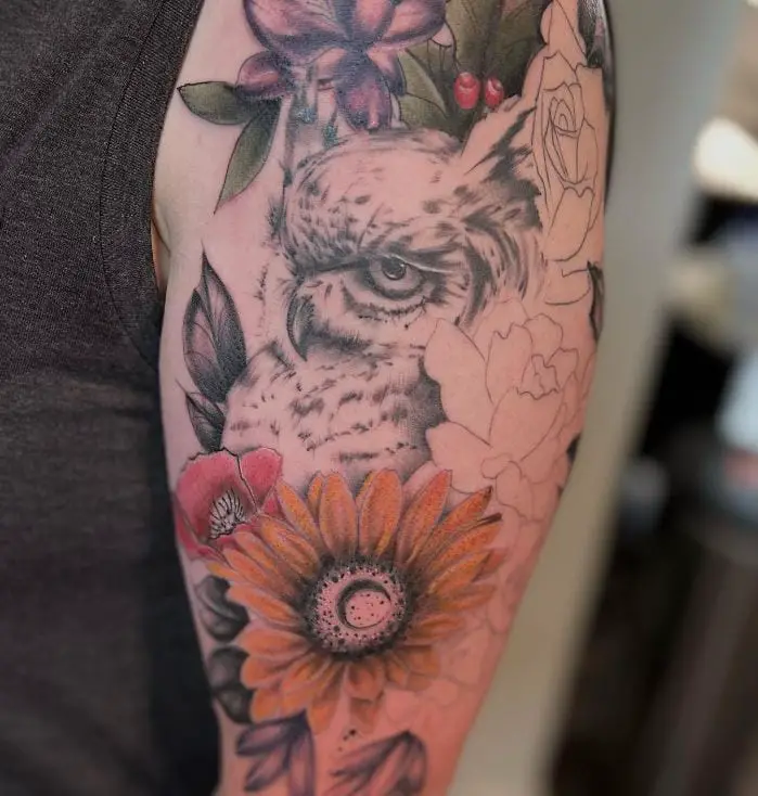 owl and sunflower tattoo