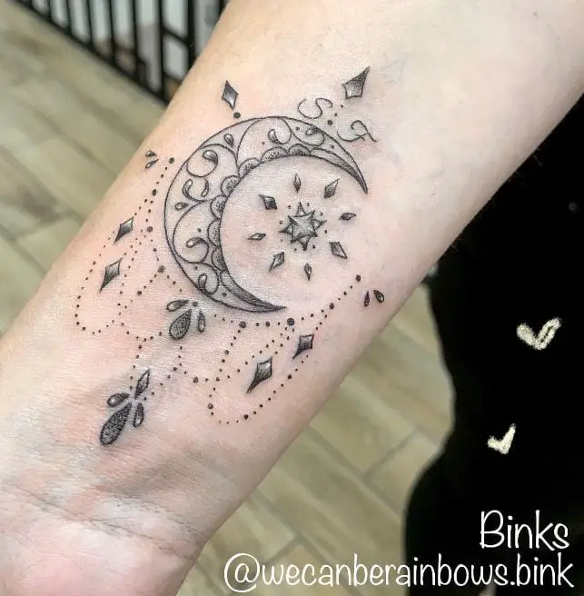 pattern moon tattoo with stars and beads
