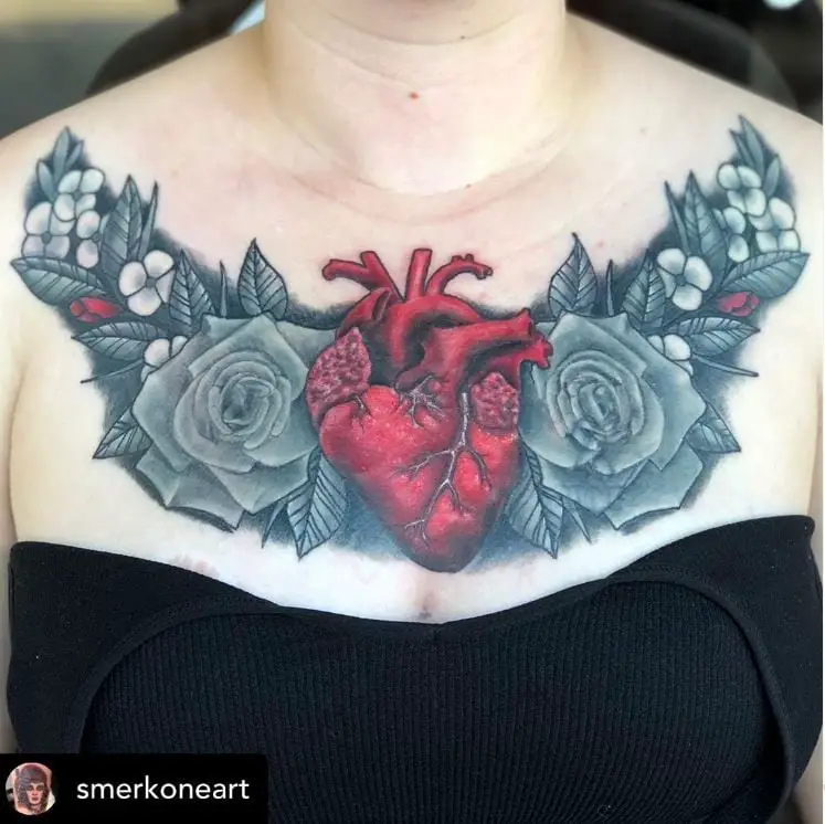 realistic heart and roses tattoo