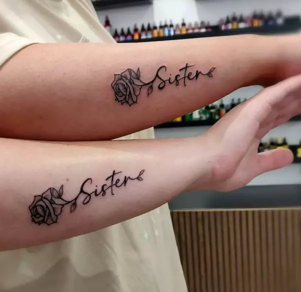 sisters wording tattoos with a rose