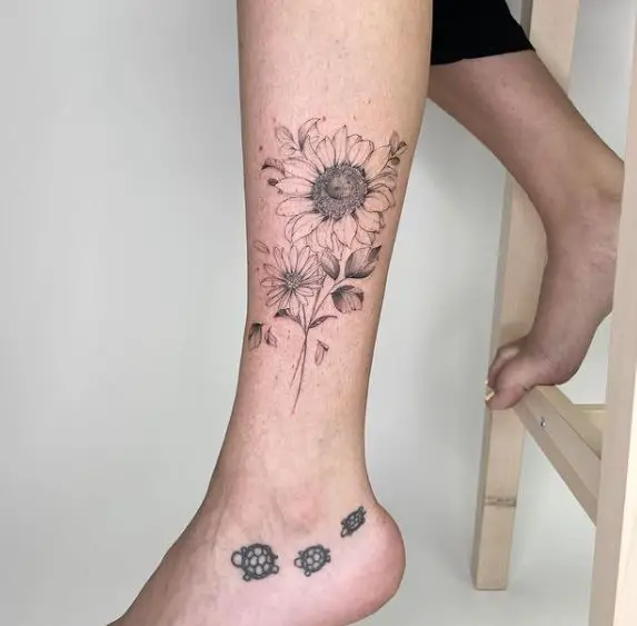 sketch like sunflower tattoo on the leg