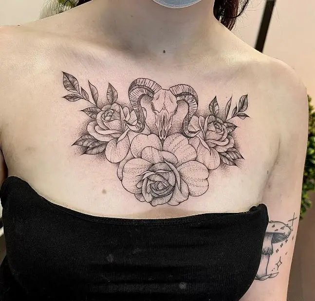 skull tattoo with flowers