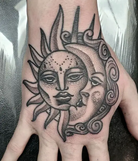 sun hand tattoo with shading