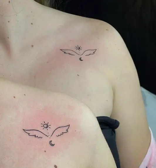 sun, moon, and angel wings sister tattoos