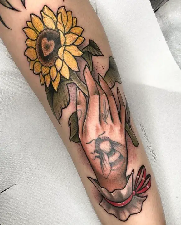 sunflower and bumblebee tattoo