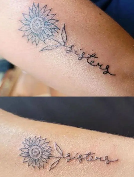 sunflower and wording sisters tattoo