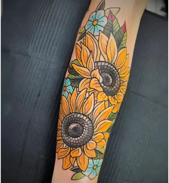 sunflower arm tattoo in colour