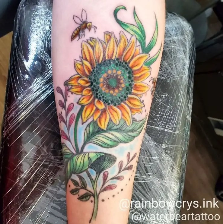 very colourful sunflower and bee tattoo