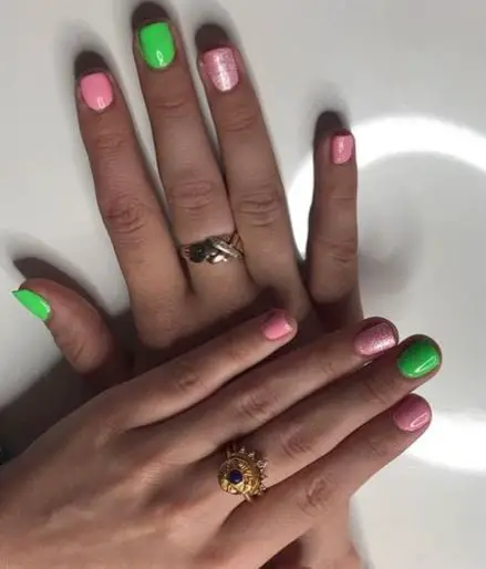 Accent Glitter Pink And Green Nails