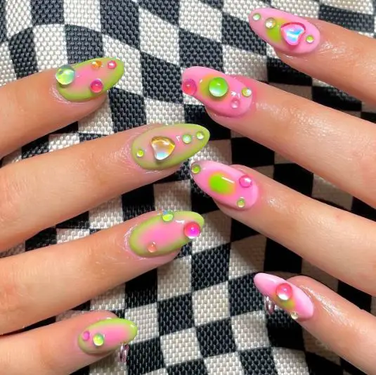 Airbrush Pink and Green Nail Design