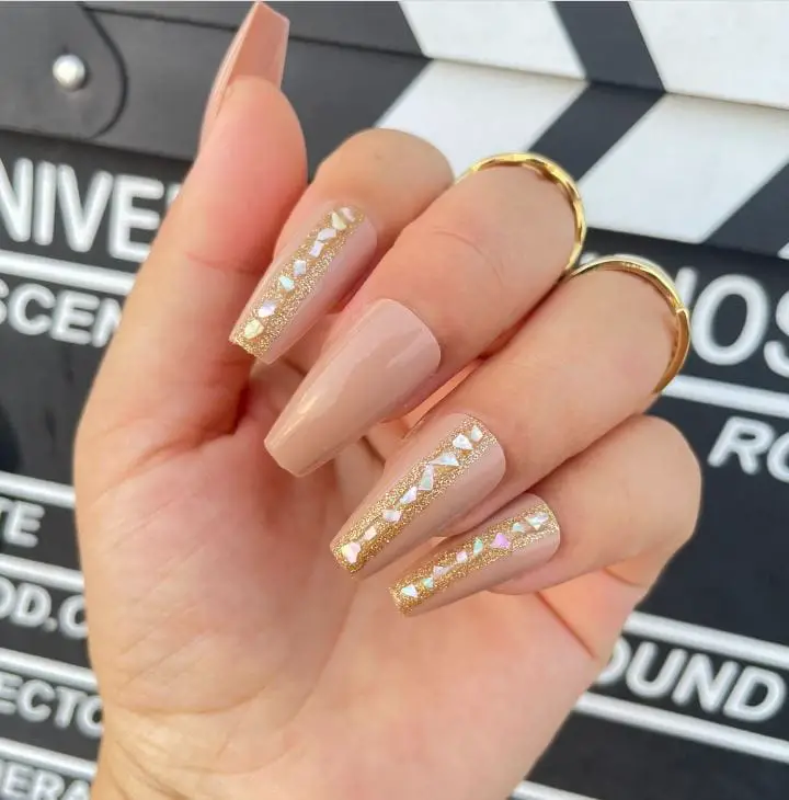 Beige and Gold Coffin Nails