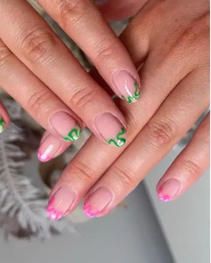 Bendy Swirl Green And Pink Nails