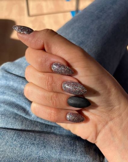 Black Matte And Glitter Nails