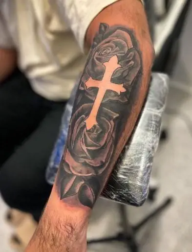 Black and Gray Rose Cross Tattoo