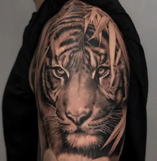 Black and Grey Tiger Sleeve Tattoo