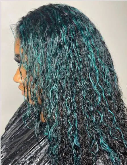 Aqua Teal Color on Long Curly Hair