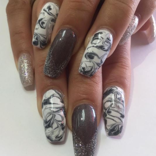 Black & White Marble Nails with Silver Glitter