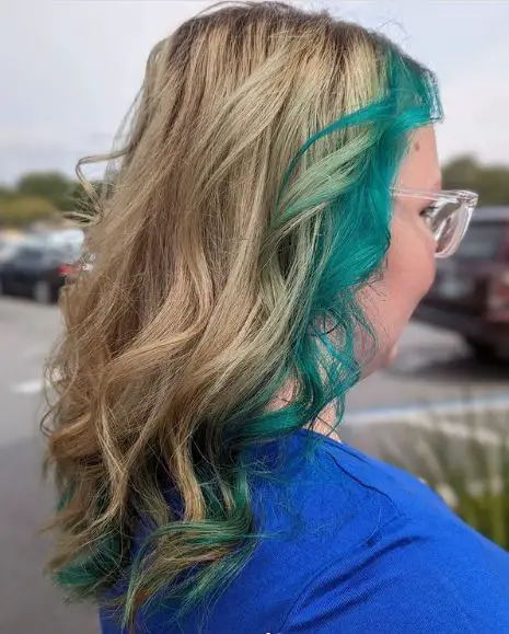 Blonde Hair with Teal Money Piece
