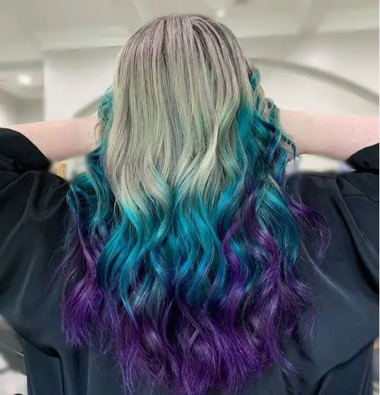 Ash Blonde Hair with Teal and Velvet Highlights
