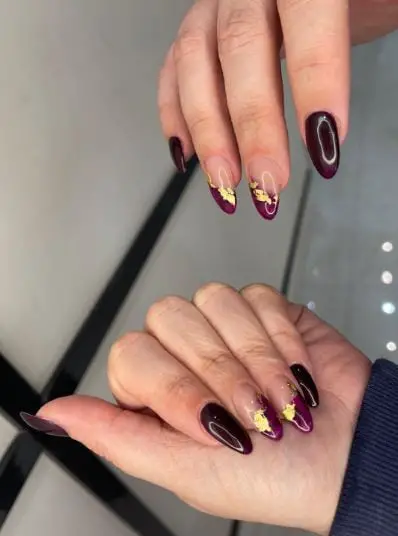 Brown and Burgundy Nails With Gold