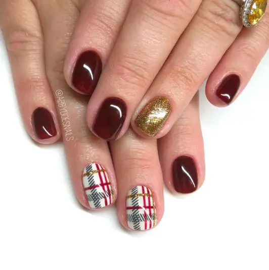 Burberry Maroon and Gold Nail Art