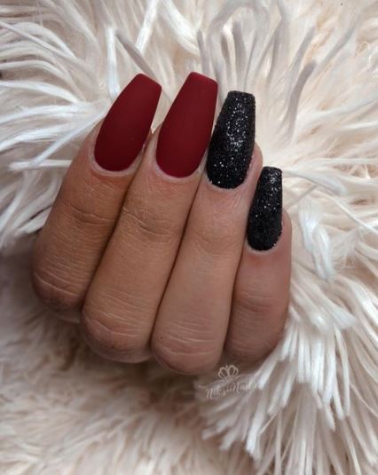 Burgundy And Black Glitter Nails