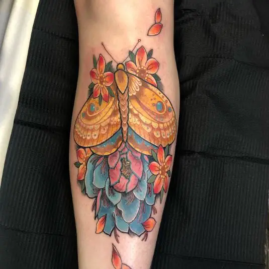 Butterfly and Peony Shin Tattoo