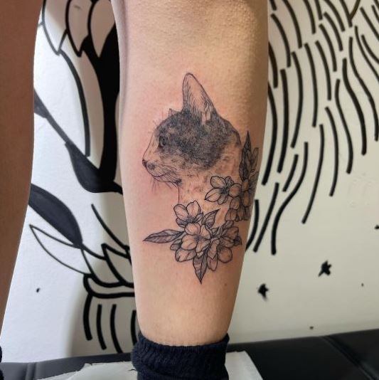 Cat and Flowers Tattoo