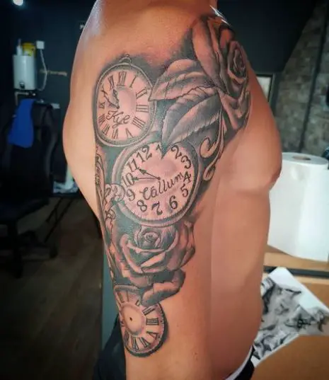 Clock and Rose Sleeve Tattoo
