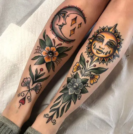 Colorful Sun Moon Floral Tattoo