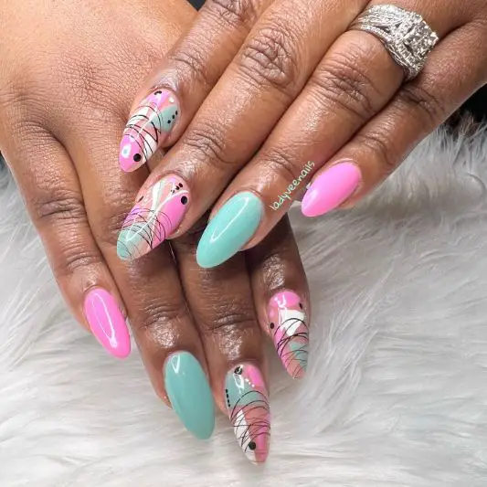 Cotton Candy Inspired Pink And Green Nail