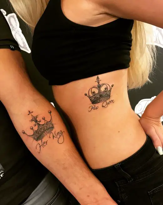 Couple King and Queen Tattoo on Hands and Ribs